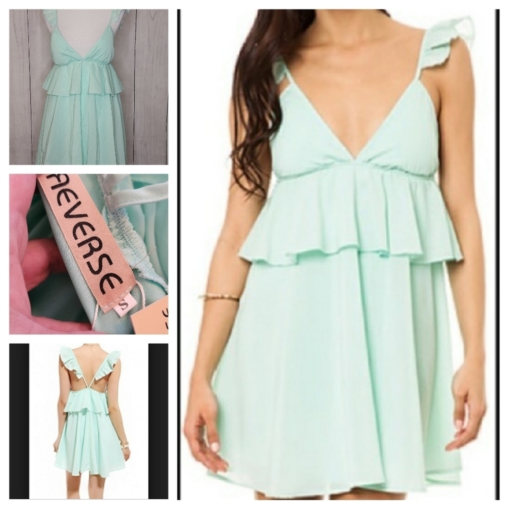 REVERSE Women's S Mint Green Ruffle Tiered V Neck Babydoll Mini‎ Dress